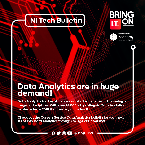 BringITOnNI's tweet photo. Data Analytics skills are in huge demand - to find more about #career options and entry routes into this exciting field check out the @economy_ni Careers Service #Data #Analytics bulletin 👉 https://t.co/TdtNVv0bRg
#CareersinIT #STEMcareers #ITforme https://t.co/TH2BC2FAZg