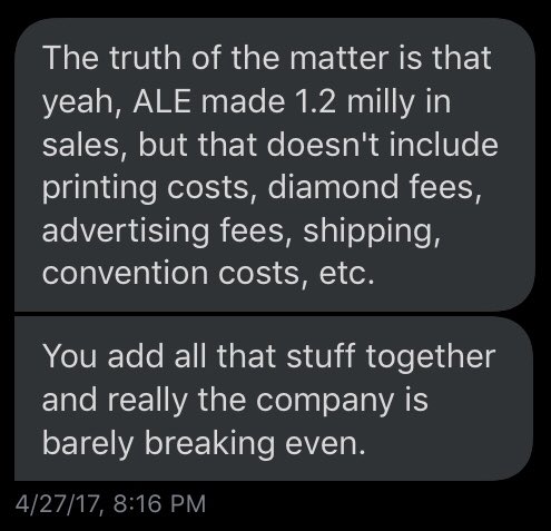 nickmarino's tweet photo. i'm tired of action lab (aka bryan seaton's subway franchise money) pretending it's a real publisher. what's happening now isn't some new shit and they're not financially healthy. they've been a wreck for years. here's my convo with an action lab "exec" / shareholder four yrs ago https://t.co/2LpZIQ46fB