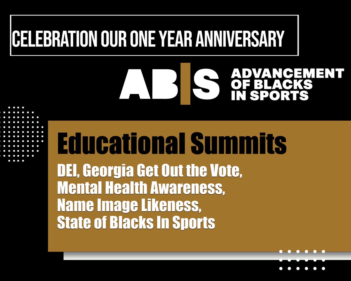 Advancement of Blacks in Sports (@weareabis) on Twitter photo Celebrating our one year anniversary all month long. We’re here to make an impact in many areas…our 1st year accomplishments are just a start like our Educational Summits. Let’s keep it going. Follow <a href="/WeAreABIS/">Advancing Beyond in Sports</a>…<a href="/GeeCharles24/">Gary Charles</a> <a href="/fhallallen/">Felicia Hall Allen</a> <a href="/CoachDLeitao/">David Leitao</a> #blacksinsports #equality Celebrating our one year anniversary all month long. We’re here to make an impact in many areas…our 1st year accomplishments are just a start like our Educational Summits. Let’s keep it going. Follow <a href="/WeAreABIS/">Advancing Beyond in Sports</a>…<a href="/GeeCharles24/">Gary Charles</a> <a href="/fhallallen/">Felicia Hall Allen</a> <a href="/CoachDLeitao/">David Leitao</a> #blacksinsports #equality