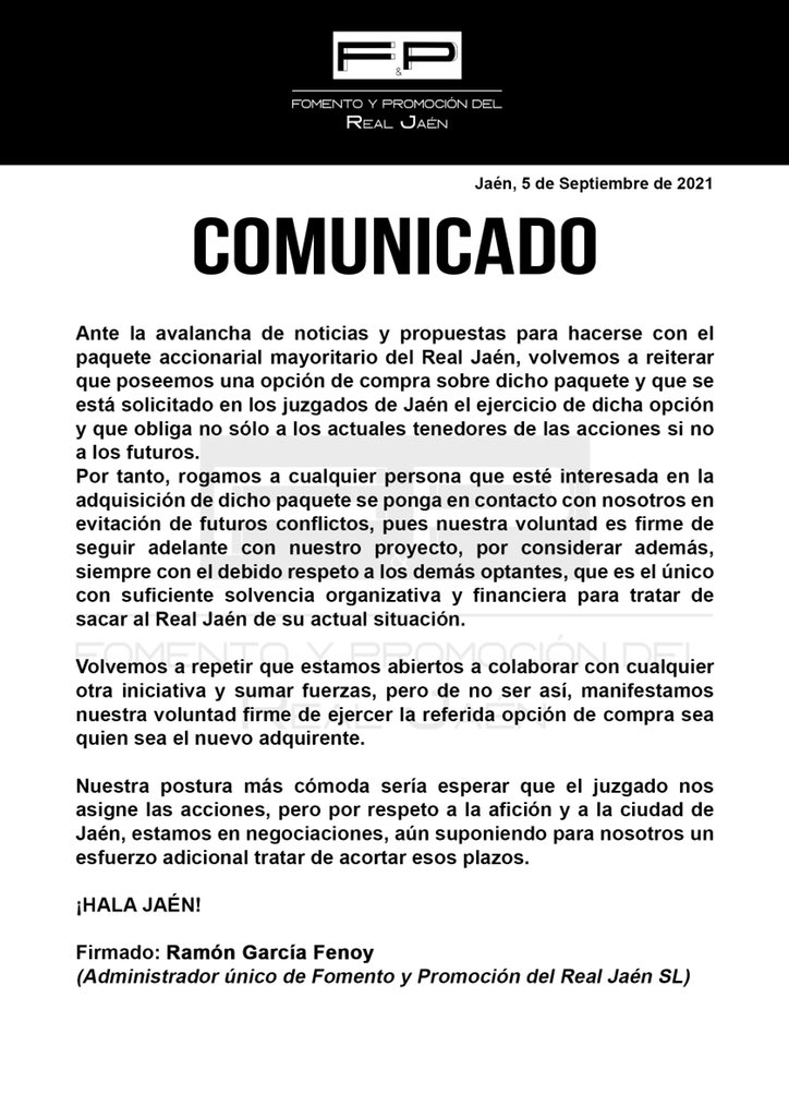 ⚪️ COMUNICADO FOMENTO Y PROMOCIÓN DEL REAL JAÉN.