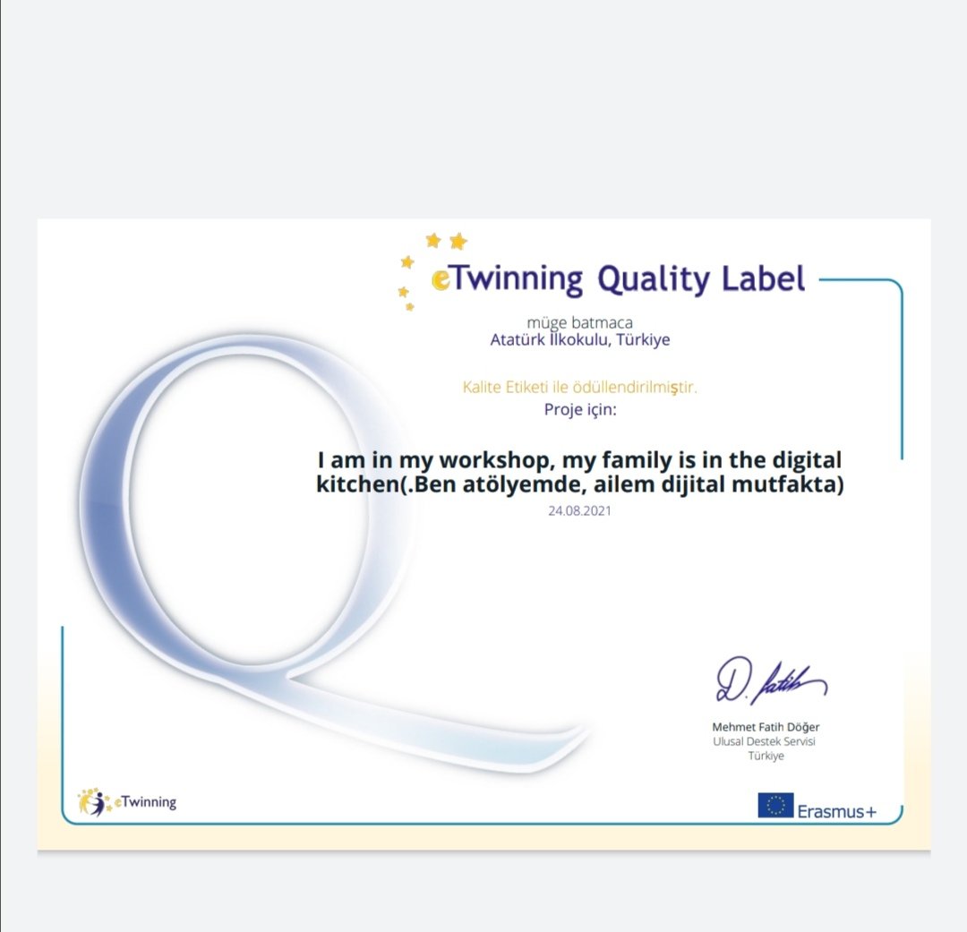 '' Ben atölyemde ailem dijital mutfakta''  e-Twinning  projemiz sonuçlandı. Başvuru sonucunda kalite etiketi almaya hak kazandık.Öncelikle öğrencilerim olmak üzere emeği geçen herkese teşekkür ediyorum.<a href="/Atatrklkokulu5/">Atatürk İlkokulu</a> 
<a href="/eTwinningdyrbkr/">eTwinning Diyarbakır</a> @yusufguzel0621  <a href="/Diyarbakirmem/">Diyarbakır İl Millî Eğitim Müdürlüğü</a> <a href="/CinarMEM21/">Çınar İlçe Milli Eğitim Müdürlüğü</a>