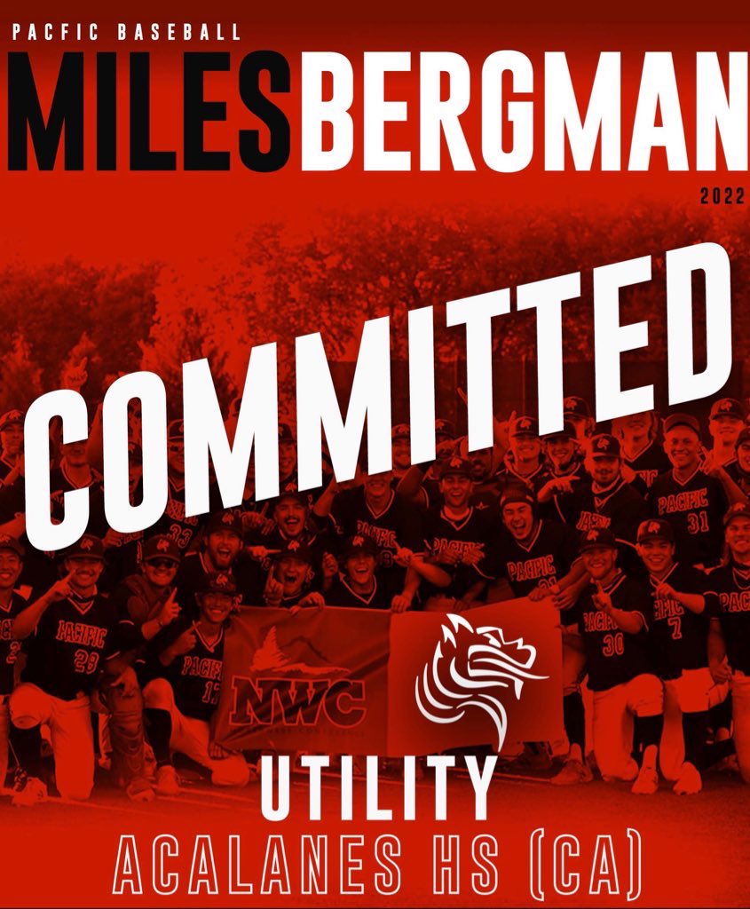 Miles Bergman (@miles_bergman) on Twitter photo I am excited and honored to announce my commitment to Pacific University! I would like to thank my Parents, coaches and teammates for supporting and helping me throughout this journey.GoBoxers!Ring the bell! <a href="/BoxersBaseball/">Pacific University Baseball</a> <a href="/C_hornsby07/">Connor Hornsby</a> <a href="/BrianTBillings/">Brian Billings</a> <a href="/ZootsBaseball/">Zoots Baseball</a> I am excited and honored to announce my commitment to Pacific University! I would like to thank my Parents, coaches and teammates for supporting and helping me throughout this journey.GoBoxers!Ring the bell! <a href="/BoxersBaseball/">Pacific University Baseball</a> <a href="/C_hornsby07/">Connor Hornsby</a> <a href="/BrianTBillings/">Brian Billings</a> <a href="/ZootsBaseball/">Zoots Baseball</a>