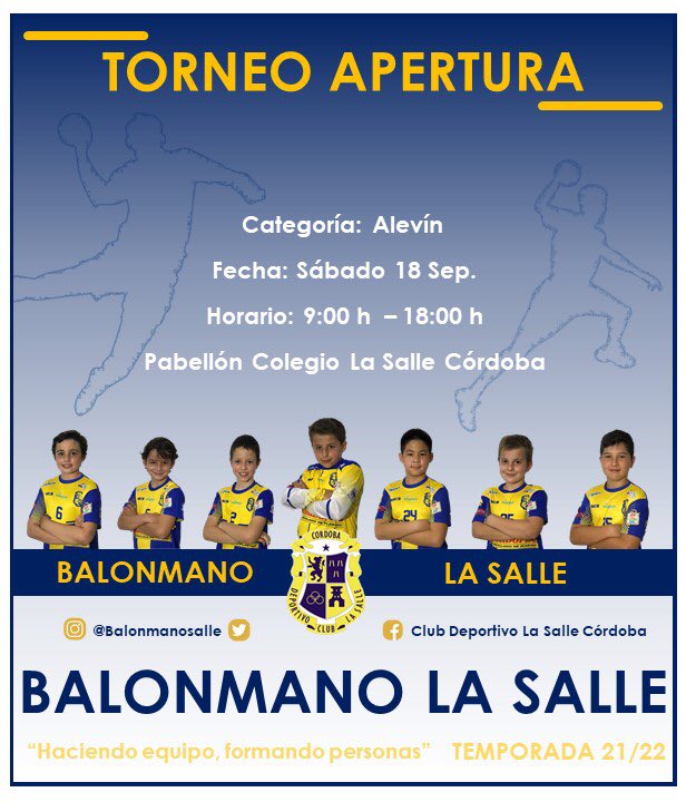 balonmanosalle's tweet photo. 🔈1º Torneo apertura.

El sábado 18 de septiembre disfrutaremos en el Colegio La Salle de una jornada intensiva de balonmano base en categoría alevín. 

Equipos de Sevilla, Málaga, Extremadura y Córdoba. 🤾🏼‍♀️

#123Salle #ForzaSalle 🔵🟡 https://t.co/NAwvqxqAFt