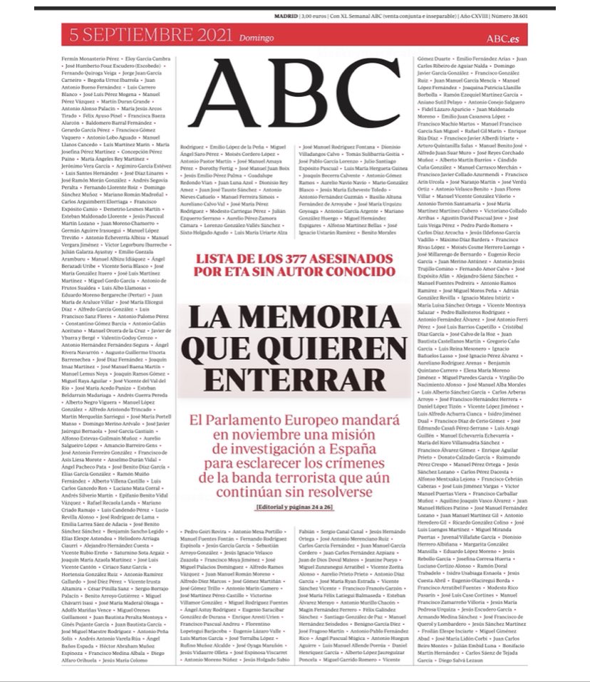 hermanntertsch's tweet photo. Gran portada la de ABC hoy. En recuerdo de españoles asesinados por el terrorismo comunista y separatista y ultrajados por todos los gobernantes que España ha tenido desde sus muertes.
Algún día se buscará de verdad a sus asesinos. Nunca se les hará justicia. Pero se les honrará. https://t.co/k8Jqzj80vg