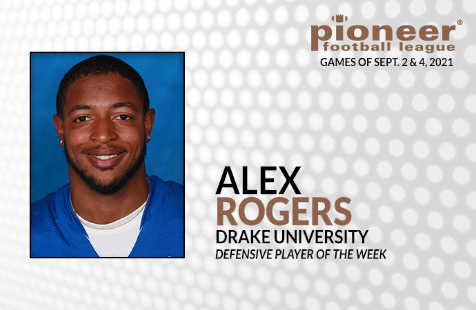 pioneerftbl's tweet photo. PFL Defensive Player of the Week: Alex Rogers (@DrakeBulldogsFB). Picked off a pass deep in Drake territory to stop a scoring drive and led a defense that allowed only 179 yards on 53 plays in win against West Virginia Wesleyan, Thursday. #FCS https://t.co/tRkK8Qweoq