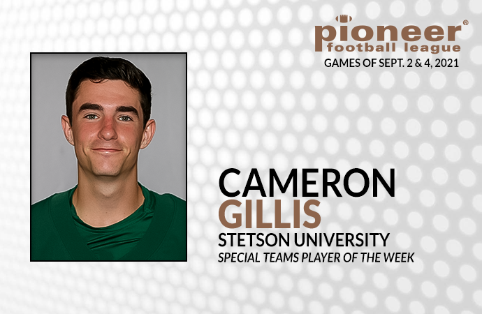 Pioneer Football (@pflnews) on Twitter photo PFL Special Teams Player of the Week: Cameron Gillis (<a href="/StetsonFootball/">Stetson Football</a>). Hit two field goals from a career-best 35 yards and was responsible for 12 points in win against Warner, Saturday. PFL Special Teams Player of the Week: Cameron Gillis (<a href="/StetsonFootball/">Stetson Football</a>). Hit two field goals from a career-best 35 yards and was responsible for 12 points in win against Warner, Saturday.
