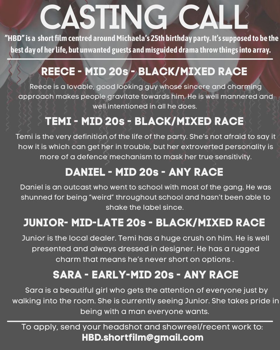 *CASTING CALL*

We are casting for our next short film!

“HBD”

Please send any headshots/showreels/past experience to HBD.shortfilm@gmail.com

PLEASE RT AND SHARE! 🎈