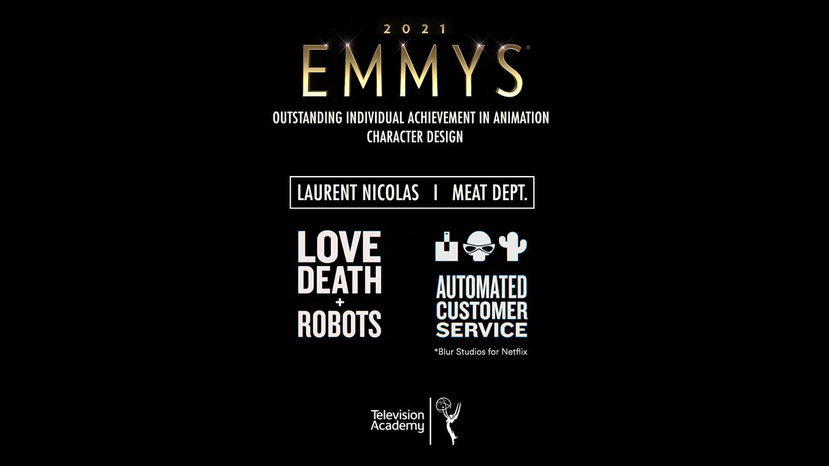 Congrats to Laurent Nicolas and <a href="/therealmeatdept/">Meat Dept.</a>
 team for the Emmy! <a href="/TelevisionAcad/">Television Academy</a>
  #lovedeathandrobots #netflix #automatedcustomerservice #love #death #robots #art #scifi #comedy #fun #digitalartist #cgartist #3danimation #3d #cgi #blender3d #smile #meatdept #therealmeatdept