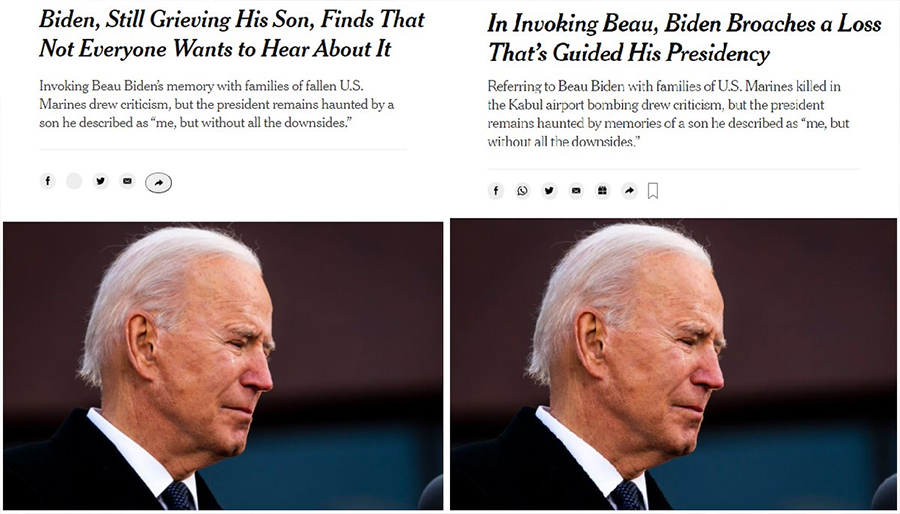 NoLieWithBTC's tweet image. BREAKING: The New York Times has changed a headline that said "not everyone wants to hear about" Beau Biden's death. Despite the headline change, their article still blames Biden for grieving the death of his son.