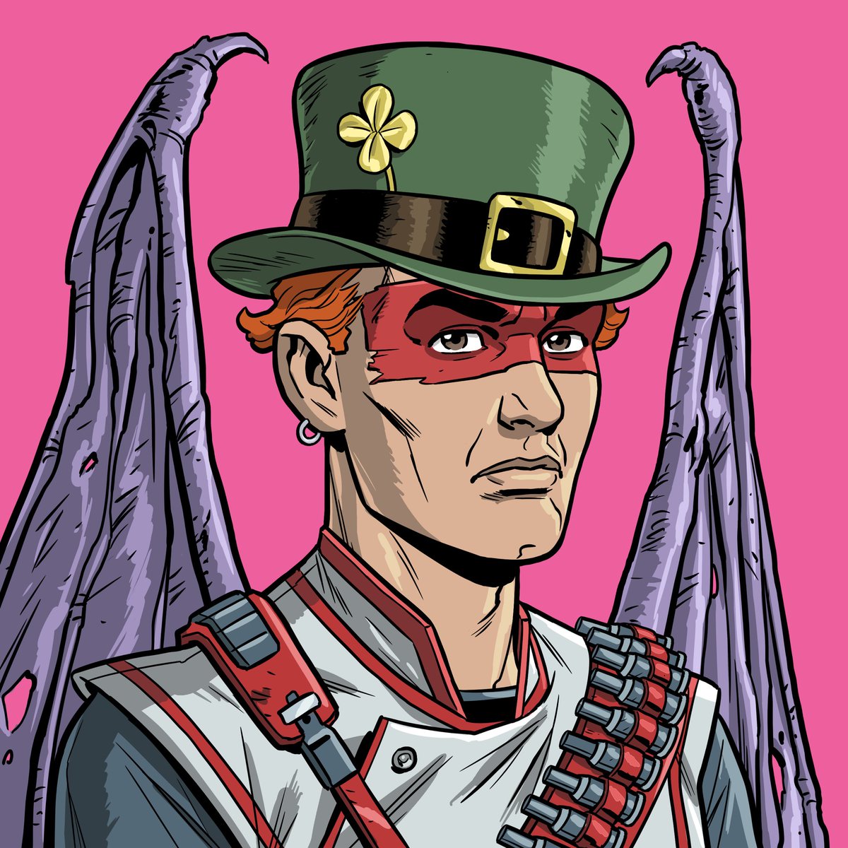 itsmarcosruiz's tweet photo. I hated him at first, but he’s growing on me. The randomness of his traits reminds me of my ADHD that I’ve struggled with for so long, and the clover is how lucky I was to get into NFTs when I did 🍀 https://t.co/A5r4fAmbiv