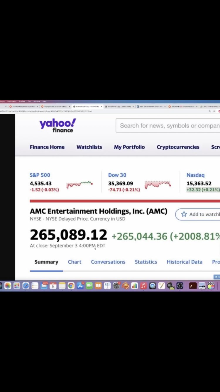 Donnahue George On Twitter The Glitches With Amc Never Stops Yahoo Finance Glitched On Friday Sept 3 And Had Amc Listed At 265 000 Is This The Real Price Of Amc If There