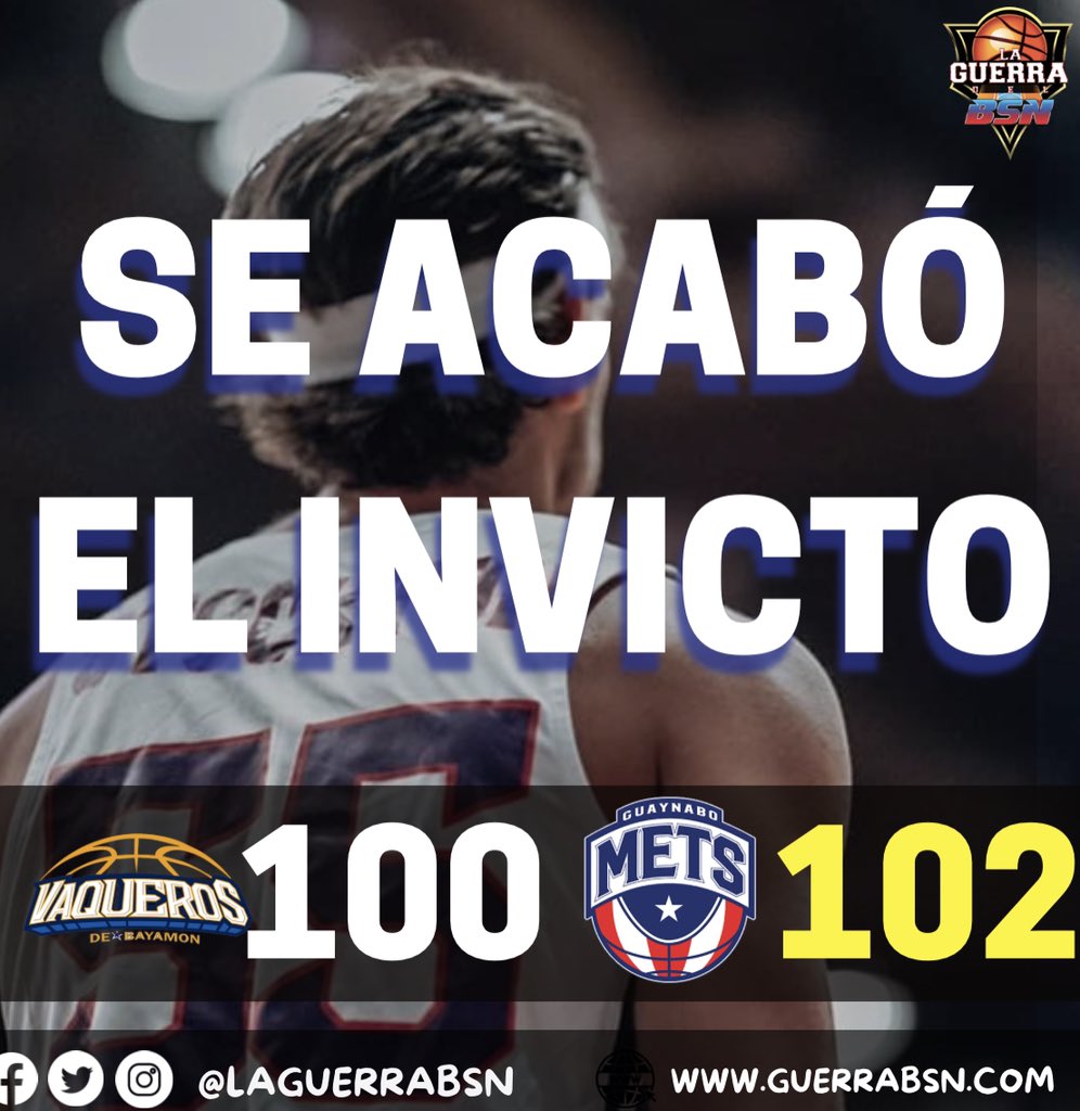 #BSN ¡SE ACABÓ EL INVICTO VAQUERO!!!!

Los Mets de Guaynabo acaban con el invicto vaquero tras lograr una gran victoria 102-100 frente a los Vaqueros de Bayamón en el Coliseo Rubén Rodríguez.
