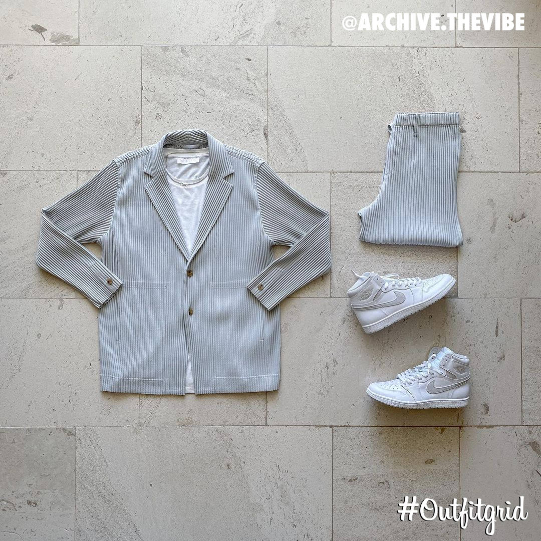 outfitgrid's tweet photo. Today's top #outfitgrid is by @archive.thevibe.
▫️ #IsseyMiyake #HommePlisse #Suit
▫️ #NeilBarrett #Tee
▫️ #NeutralGray #JordanI 
▫️ #MartineAli #Jewelry https://t.co/wMW6cne9BG