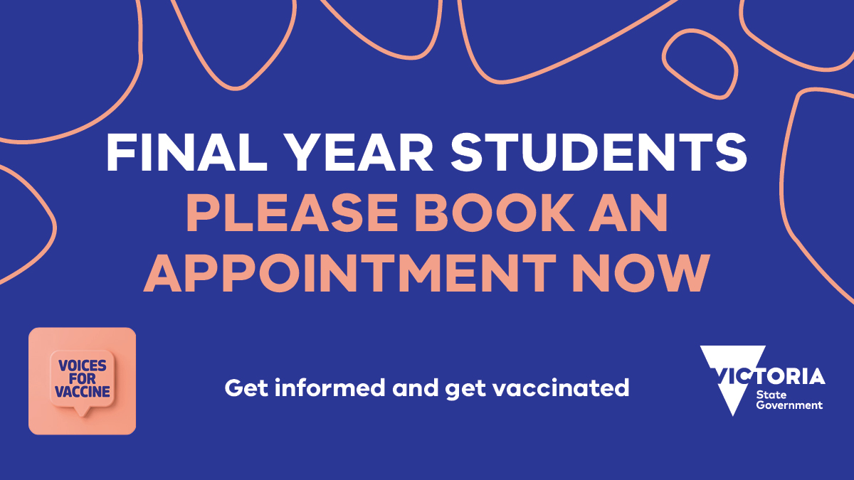 Priority #COVIDVaccine bookings are open for Year 12 VCE, VCAL and IB students, their teachers and exam supervisors/assessors to help support safe exams. Year 11s studying Unit 3/4 subjects can book from 8am Wednesday. 
Students can get advice on how to book through their school