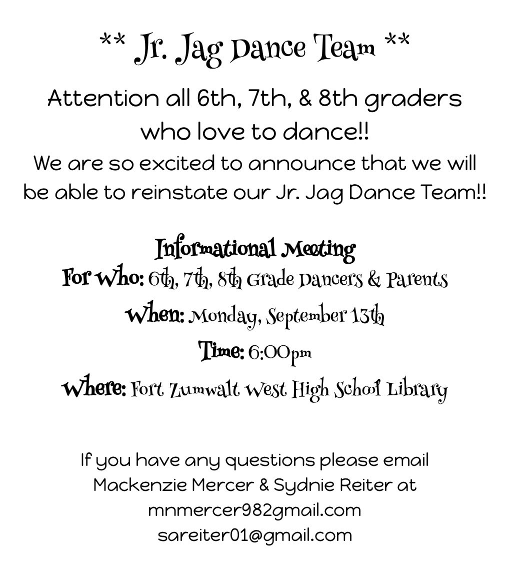 Our Jr. Jags are BACK!!!

We are SO excited &amp; happy to announce that our Jr. Jags Dance Team will be reinstated for the 2021-2022 season!! Please pass this information along to anyone who might be interested!!

We can’t wait to meet everyone!!! YAY JR. JAGS!!! 💜💜💜