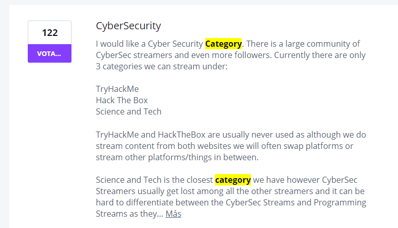 S4vitar's tweet image. Let's try to get Twitch to add the 'Cybersecurity' category in the live streams.

We need the entire #infosec community to vote for the 'Cybersecurity' category from the link below.

@NahamSec @_JohnHammond @stokfredrik @ippsec @thecybermentor 

bit.ly/3tjg2bJ