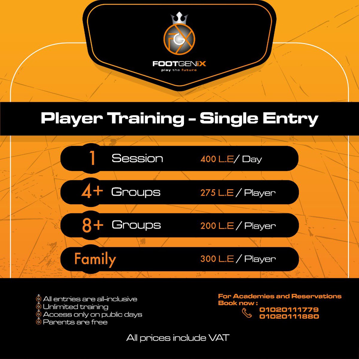 FOOTGENiX Player Training Prices Single Entry, Experience Football like never before 🥅⚽️🟠⚫️ 

#playthefuture #football #footballchallenge￼￼ #footballgame #footballfacility #egypt #footballtraining #cognitivetraining #passthepower #inspirethepassion #maadi #footballtraining