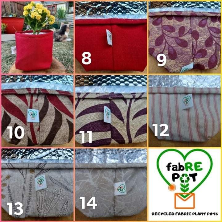 Here are a few of our newest designs of our FabRE Plant Pots. DM us if any designs catch your eye. ♻️💚

Large Pots are 15cm high with a 11.5cm base.

8 = SIMPLY RED
9 = LORENA
10 = BRANSCOMBE RED
11 = BRANSCOMBE PURPLE
12 = CANDYCANE PINK
13 = HARVEST MOON
14 = SAHARA