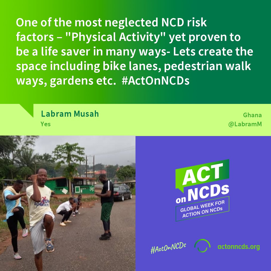 One of the most neglected NCDs risk factors – Physical Activity yet proven to be a life saver in many ways- Lets create /improve the space including bike lanes, pedestrian walk ways, gardens etc #ActOnNCDs <a href="/ncdalliance/">NCD Alliance</a>