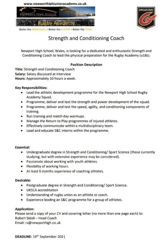 Newport High School (WAL) is looking for a S&amp;C Coach, approx 10 hrs/wk, salary to be discussed. 

Further info at the picture. 

#rugbyvacancies #sandcvacancies #strengthandconditioning #wales #school #job