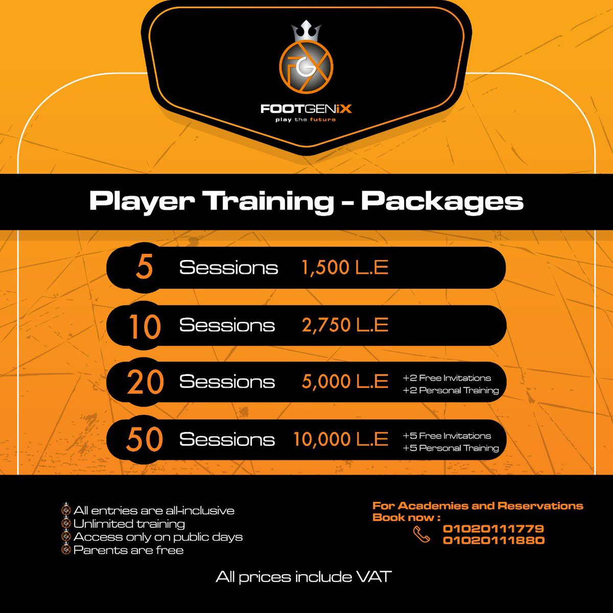 FOOTGENiX Player Training Packages Prices; Change your game by changing the way you train 🏟⚽️🟠⚫️ 

#playthefuture #football #footballchallenge￼￼￼ #footballgame #footballfacility #egypt #footballtraining #cognitivetraining #passthepower #inspirethepassion #footballtraining