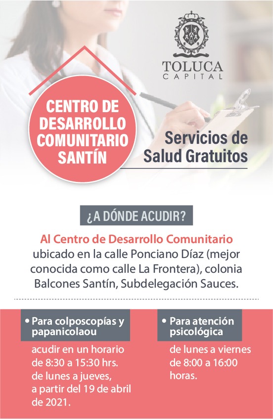 TolucaGob's tweet image. Con el objetivo de cuidar la salud física y mental de la población, el gobierno municipal de Toluca ofrece servicios gratuitos en el Centro de Desarrollo Comunitario Santín. Prevenir puede salvar tu vida.