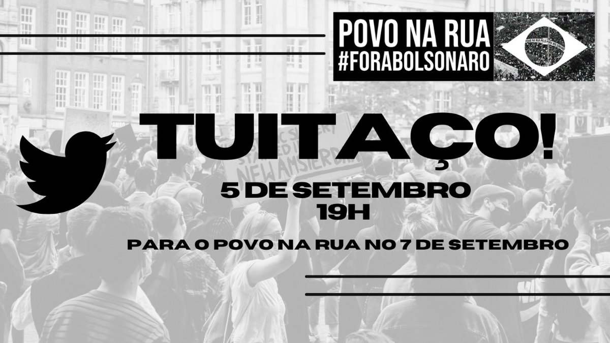 Falta menos de uma hora para nosso tuitaço! Dia 7 de setembro seremos milhões! #7SForaBolsonaro #GritoDosExcluidos