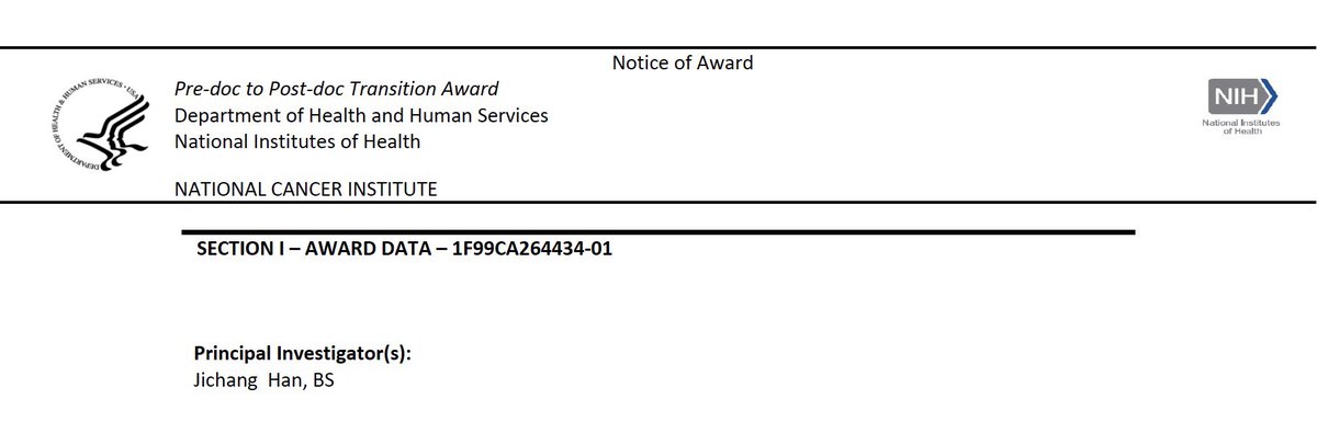 Jichang Han (@jichang_han) on Twitter photo Very excited and honored to receive the F99/K00 award from <a href="/theNCI/">National Cancer Institute</a> as an international student! It will support my last year of grad research <a href="/GeiselMed/">Geisel School of Medicine at Dartmouth</a> <a href="/MCBDartmouth/">Dartmouth MCB Graduate Program</a> and 4 years of postdoc. Huge thanks to my mentor Dr. Mary Jo Turk and <a href="/cvangelesMD/">Christina Angeles MD</a>; and my friend <a href="/Plasmacellguy/">Mohamed ElTanbouly</a> Very excited and honored to receive the F99/K00 award from <a href="/theNCI/">National Cancer Institute</a> as an international student! It will support my last year of grad research <a href="/GeiselMed/">Geisel School of Medicine at Dartmouth</a> <a href="/MCBDartmouth/">Dartmouth MCB Graduate Program</a> and 4 years of postdoc. Huge thanks to my mentor Dr. Mary Jo Turk and <a href="/cvangelesMD/">Christina Angeles MD</a>; and my friend <a href="/Plasmacellguy/">Mohamed ElTanbouly</a>