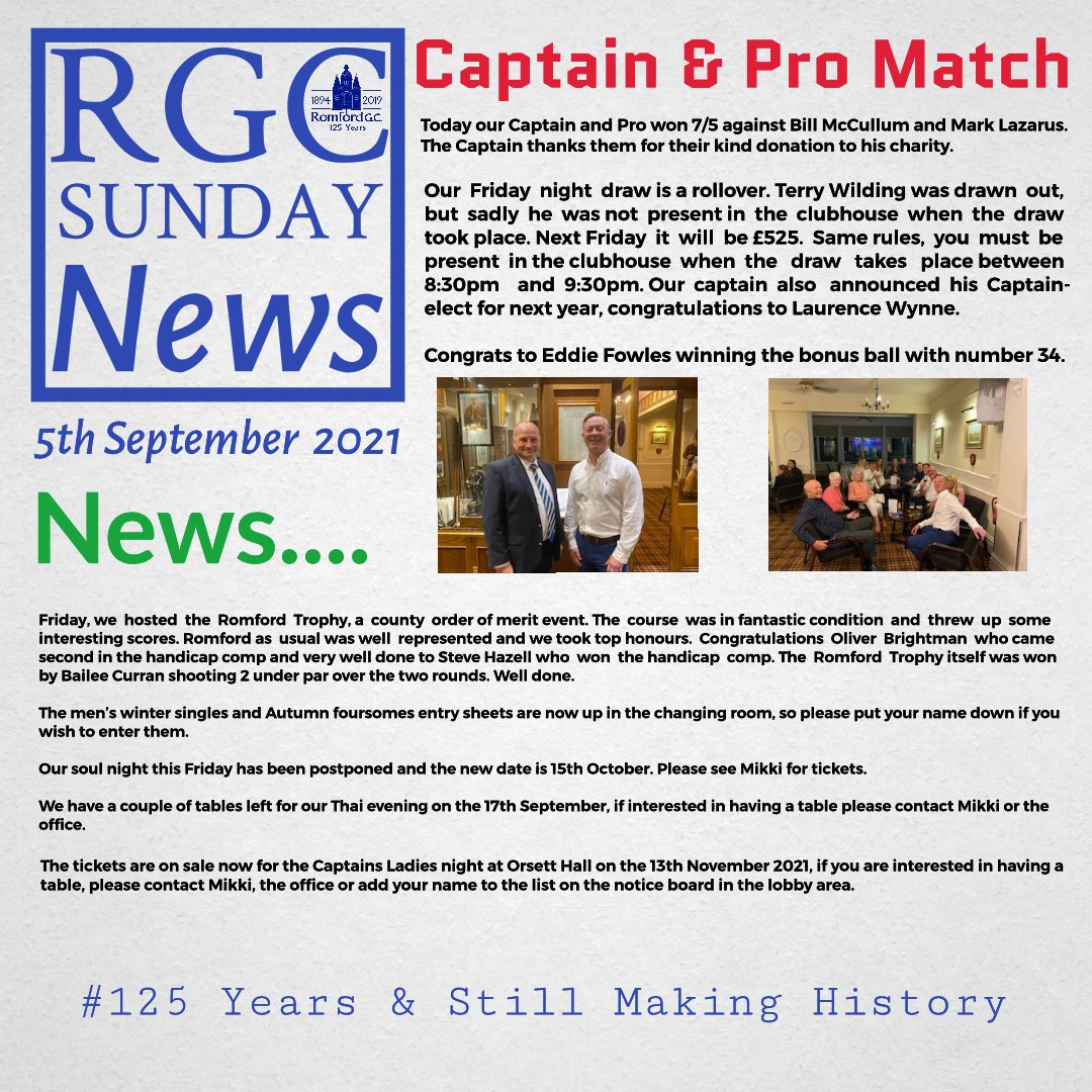 Romfordgolfclub's tweet photo. RGC Sunday news #rgc #captainsspeech #sundayaddress #traditionalgolfclub #tradition #125yearsandstillmakinghistory https://t.co/rgCODPZqgV