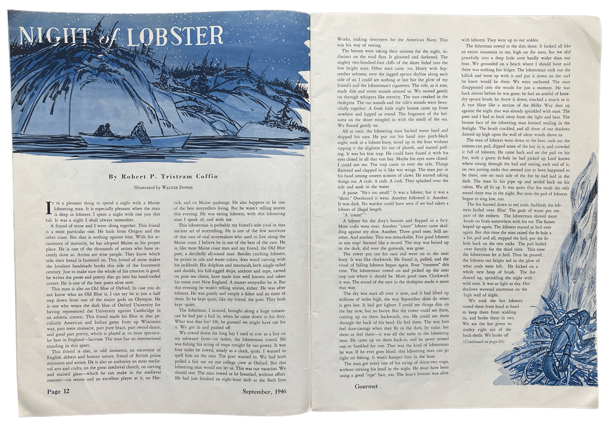 camprusticate's tweet photo. "Night of Lobster," by Robert P. Tristram Coffin, appeared in the September 1946 issue of Gourmet. The Pulitzer Prize–winning poet and essayist, according to one biographer, was "committed to cheerful depiction of the good in the world.” https://t.co/lUOtNofdh6 https://t.co/Mc1On7YKAp