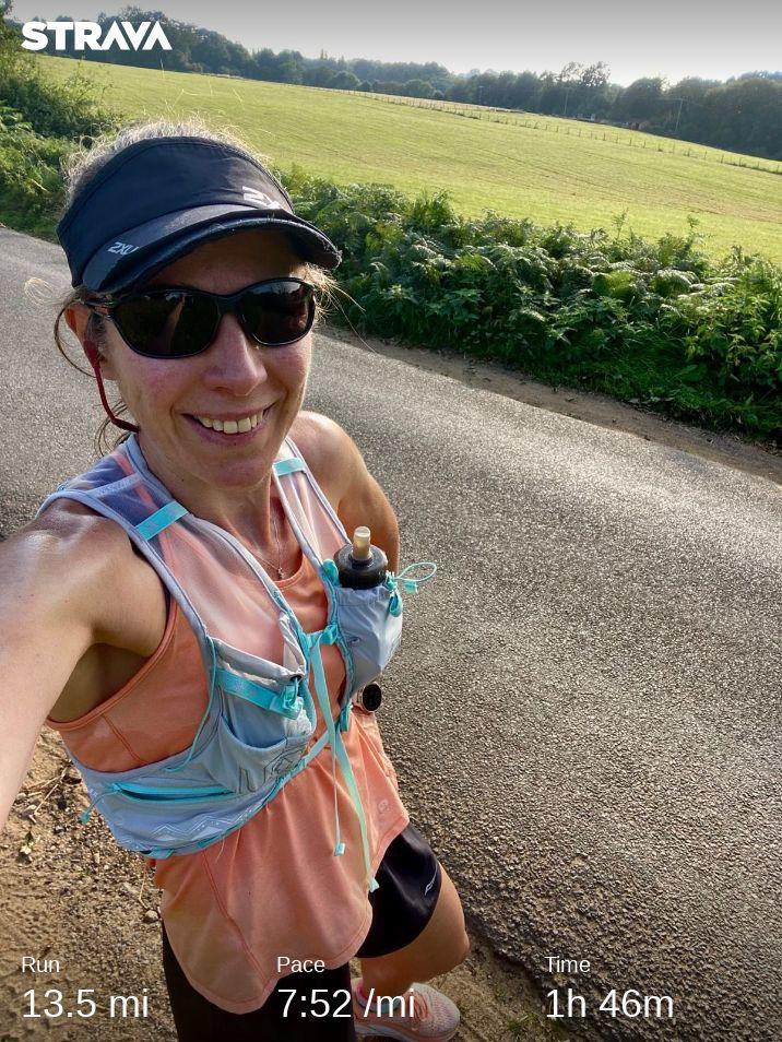 My usual hilly 1/2 marathon training route. Had to stop to tighten my shoes 😏 And then mile before the end I almost chocked on a fly 🪰 so had to walk 😡 It was still lovely and warm when I went  out ☀️ #running #longrun #training #londonmarathon #4weekstogo