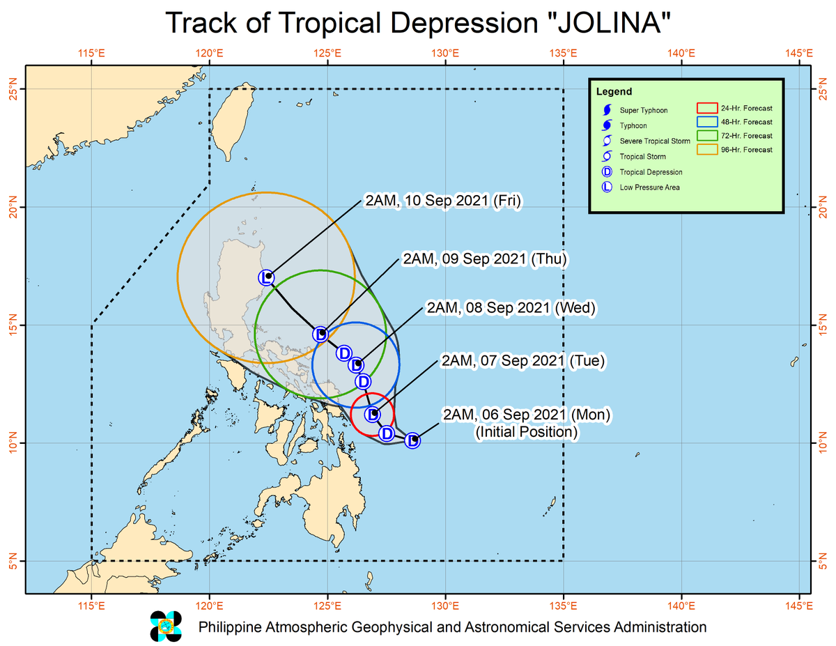 dost_pagasa's tweet photo. TROPICAL CYCLONE BULLETIN NO. 01 
Tropical Depression  “#JolinaPH” 
Issued at 5:00 AM, 06 September 2021

THE LOW PRESSURE AREA EAST OF SURIGAO DEL NORTE HAS DEVELOPED INTO A TROPICAL DEPRESSION AND WAS NAMED “JOLINA” https://t.co/miPHNrTldk
