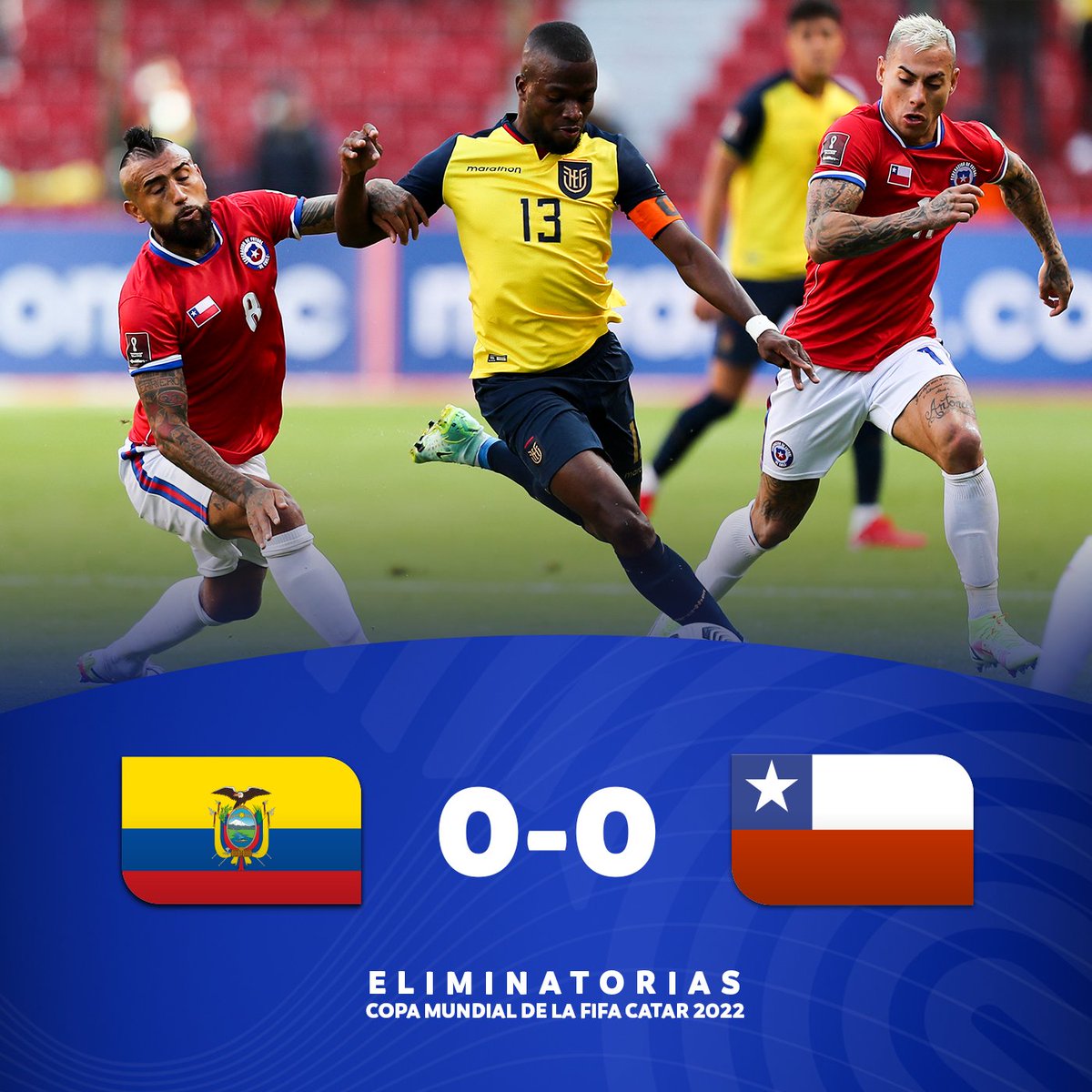 CONMEBOL's tweet photo. ¡Final en Quito! ⏱

Ecuador 🇪🇨 y Chile 🇨🇱 no se sacaron diferencias e igualaron 0-0 por la Fecha 6.

#EliminatoriasSudamericanas https://t.co/gHBXnS4K7I