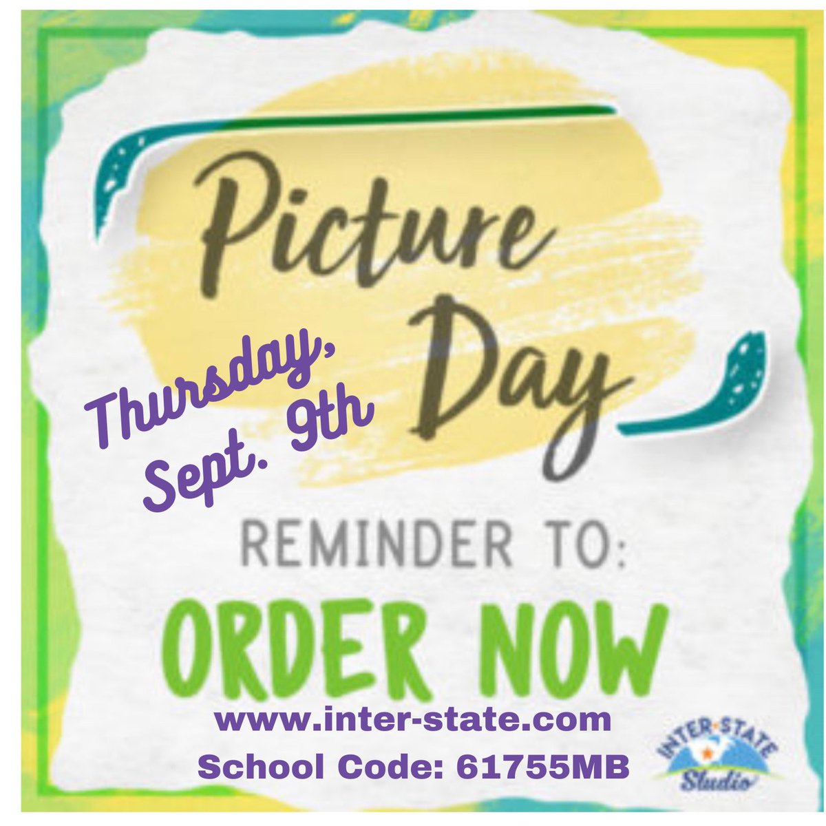 Reminder!!!  This Thursday, Sept. 9th is PICTURE DAY!  Please visit inter-state.com to order.  Our school code is: 61755MB #teamtussing