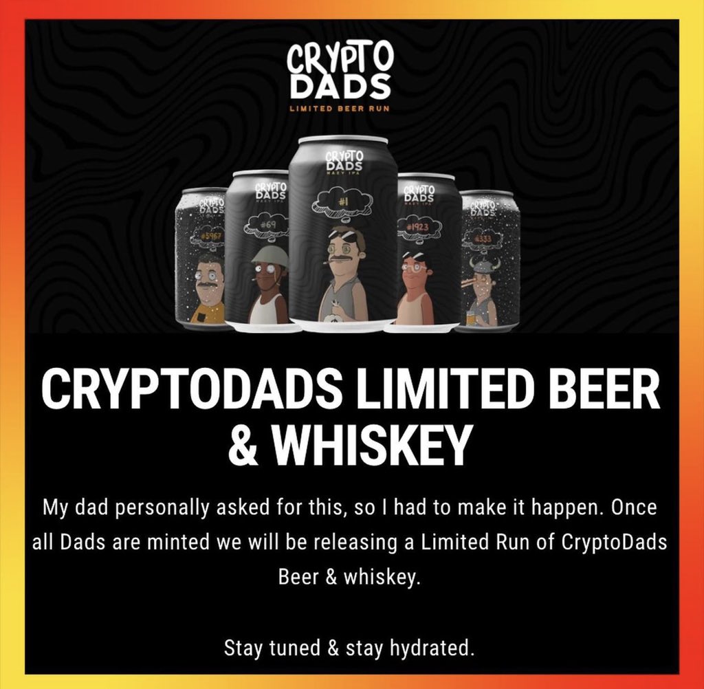 0xMistBlade's tweet photo. 📣 Drop Alert: CryptoDads
A collection that already has its own craft beer and whisky 🍺 
⏰-September 11th
💰- .07 Eth
#️⃣- 10,000
✅ Retweet this Tweet
✅ Follow @mraxiee
✅ Tag 3 friends

#nftnews #nftcommunity #nfts #nft #nftcollector #cryptoart #digitalart #opensea #eth https://t.co/Cql000dRwP