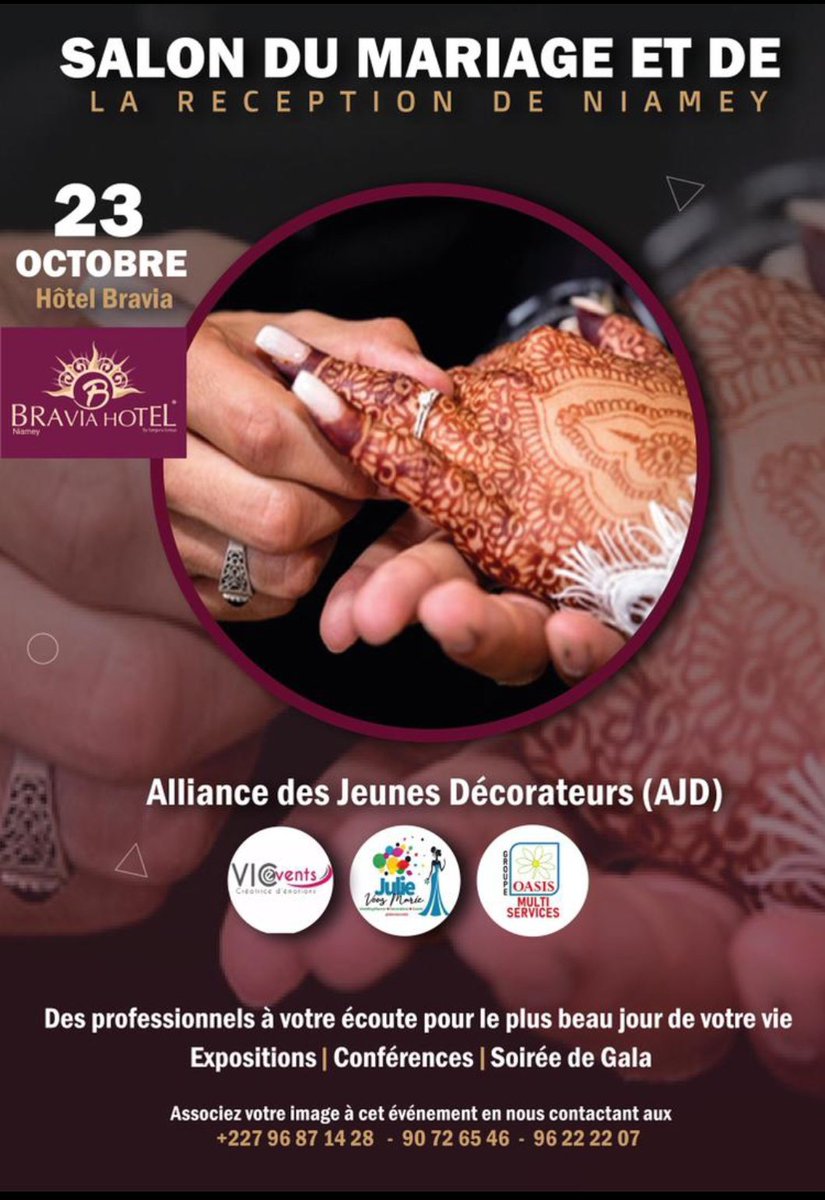 VicEvent's tweet photo. Le salon du mariage et de la Réception de Niamey est un salon qui réunira tous les professionnels du mariage en un même lieu pour une exposition à l'hôtel Bravia le 23 Octobre 2021. Programme : Exposition, Conférences, Diner de gala https://t.co/nWt6SXPaW8