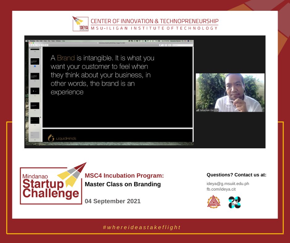ideya_cit's tweet photo. "Branding is the art of differentiation" - Mr. Gerona
All about BRANDING! 
We had our Master Class Session under the MSC4 Incubation Program, last 4th of August 2021, with the Co-Founder and CEO of LiquidMinds Inc., Mr. Sebastian Gerona. https://t.co/UOARurkWgM