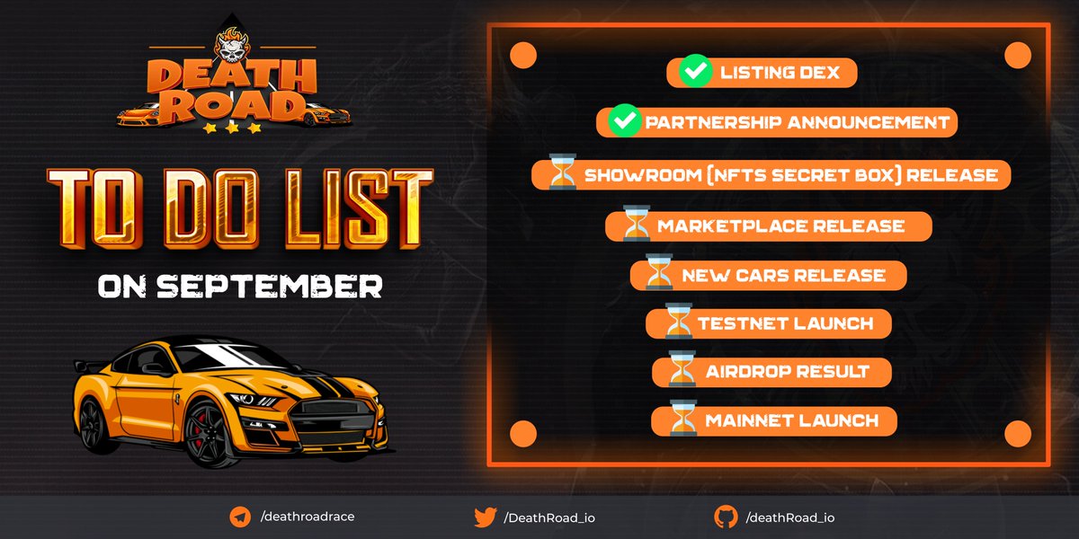 DeathRoad_io's tweet photo. 📋Check out #DeathRoad To-do-list in September 📋

🔎Let get ready for more upcoming events! Racers must be very excited right now and we're going to bring you more in September. 🏎️🏎️🏎️

Stay tuned! 💪

$Drace #Metaverse #Race2earn https://t.co/EF4BhqM4hq
