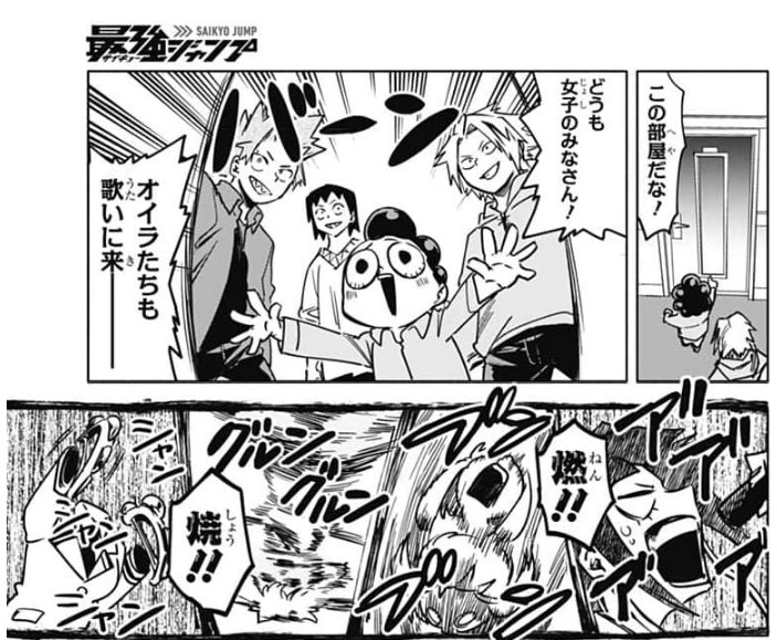 Kaminari noticed the girls haven't been at the dorm lately and Tsuyu tells them they are at the karaoke. The boys wanna go too. Lol at Kirishima wanting to sing together 😂 