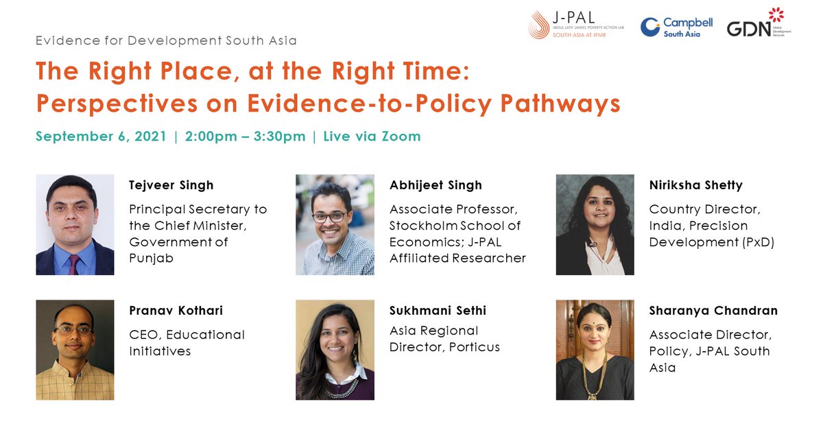 JPAL_SA's tweet image. 📢TODAY (2pm IST): Join us at the #evi4devconference as Tejveer Singh (@PunjabGovtIndia) @singhabhi (@handels_sse) Niriksha Shetty (@PrecisionXDev) Pranav Kothari (@eiindia) &amp;amp; Sukhmani Sethi (@porticusglobal) discuss evidence-to-policy pathways: us02web.zoom.us/j/81870133542