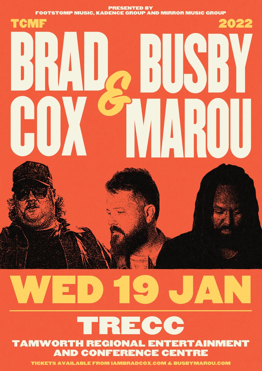 This is going to be bigger than Ben-Hur!! So stoked to join my buddies Tom Busby and Jeremy Marou (<a href="/BusbyMarou/">Busby Marou</a>) in this double header at Tamworth’s TRECC. 
Tickets on sale Tuesday 7 September 2021 at 9am.
All info: trecc.com.au/brad-cox-and-b…