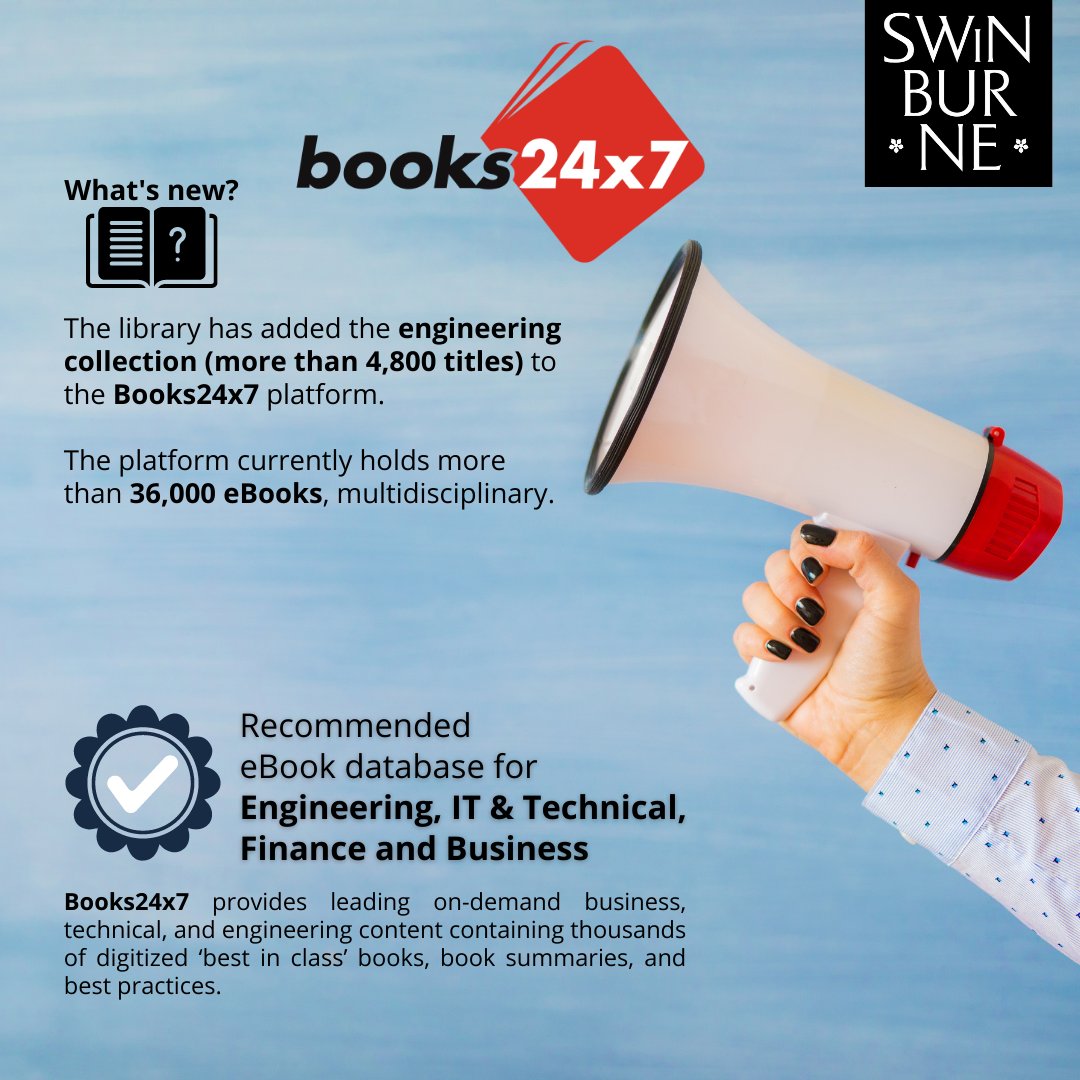 swinsarawaklib's tweet image. Access Books24x7 ON-campus and OFF-campus through the Swinburne Sarawak Library’s homepage: bit.ly/3k7QZUH or Swinburne Sarawak Library mobile app.
#books24x7 #ebooks #librarydatabase #libraries
#swinburnesarawaklibrary #swinburnesarawaklibraryapp
#swinburnesarawak