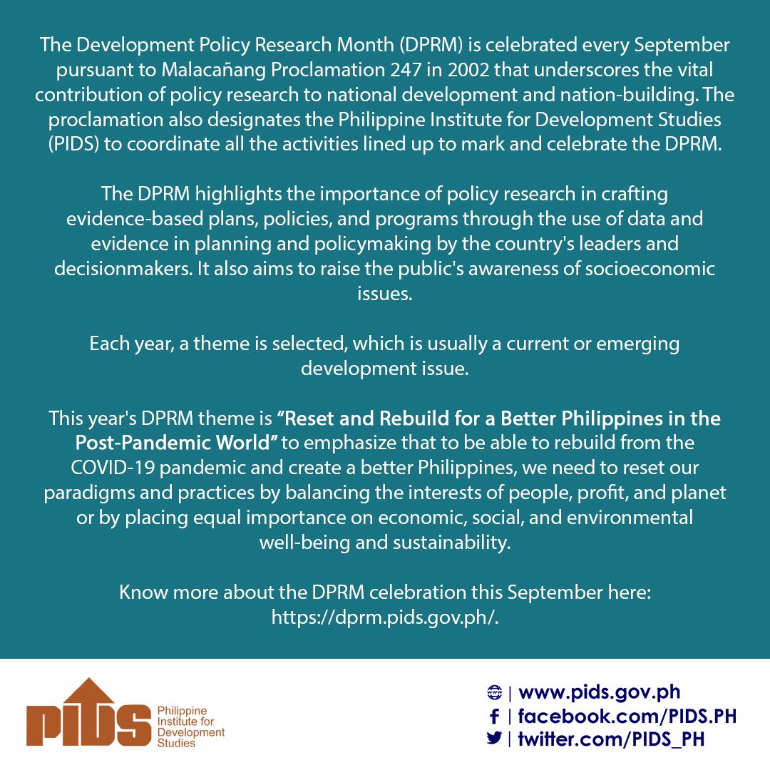 pidsgovph's tweet photo. Hello, PIDS friends! Here's our #PIDSFactFriday for the week on the Development Policy Research Month.
Know more here: https://t.co/gWwyOLi2l1.
@NEDAhq @BangkoSentral @PHCivilService @DILGPhilippines @pcoogov @PIADesk @DBMgovph @SEC_Philippines @CCCPHL @laborgovph @senatePH https://t.co/JHRvHbyGki