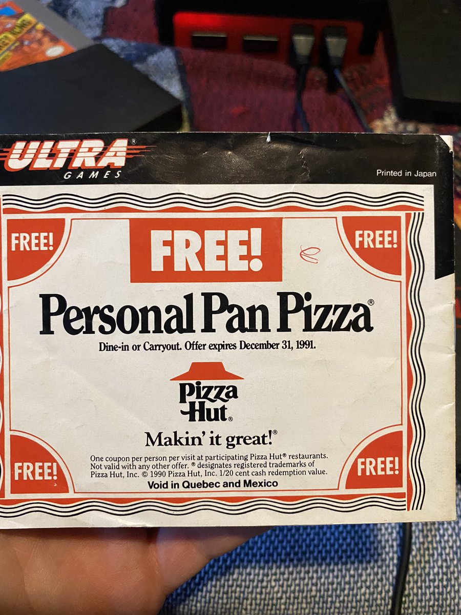 van69481341's tweet photo. @pizzahut found this on the back of my @NintendoAmerica NES Ninja Turtle game. Can I still use it? https://t.co/smeXRukYtY