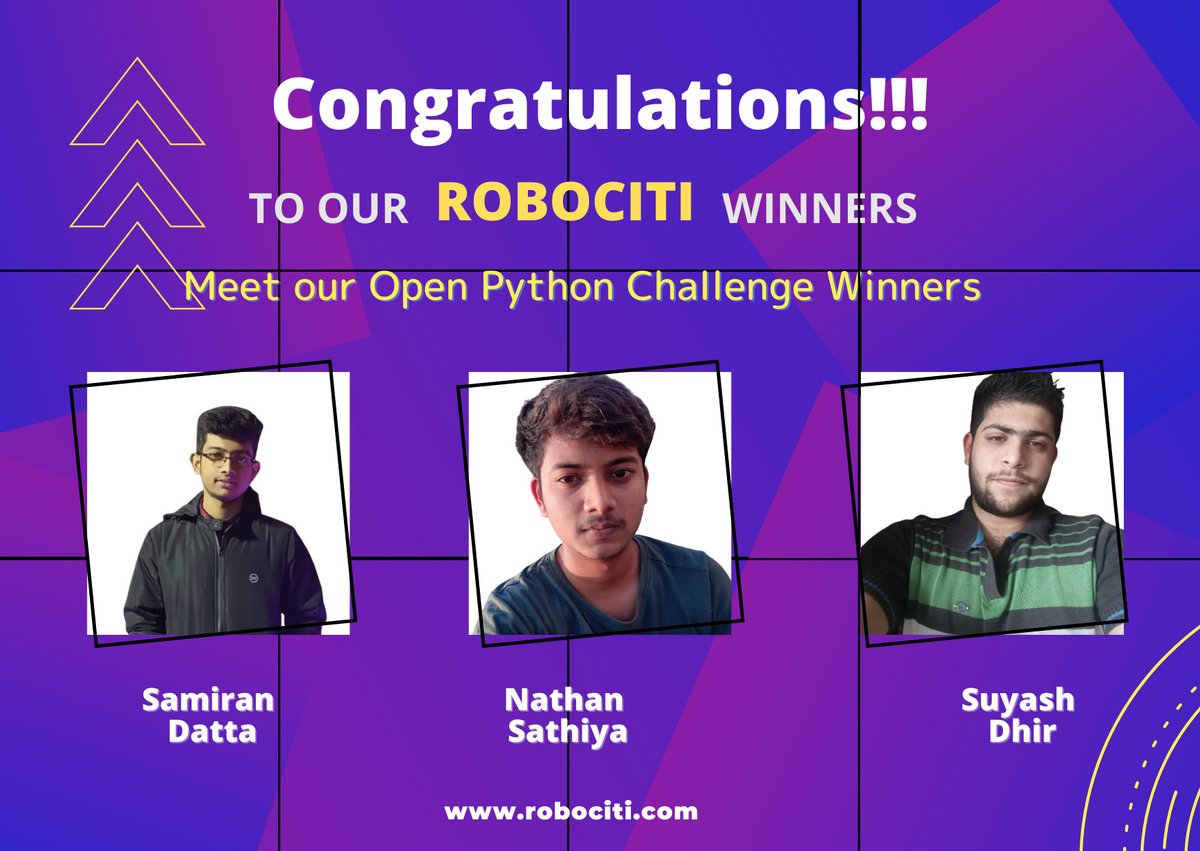 robociti_online's tweet image. Say hello to our Open Python Challenge winners for August! We caught up with Nathan, Samiran and Suyash briefly to learn about their win and plans for the future. Read the full interviews on our blog.
robociti.com/blog
#python #pythoncompetition #robociti #competition