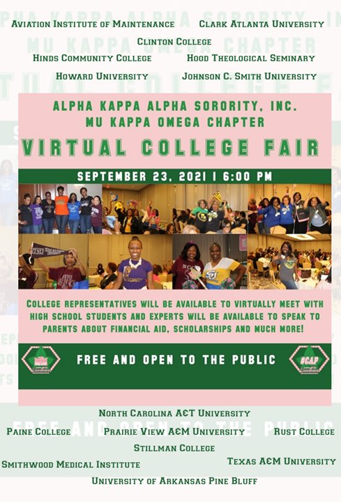 Secure your seat today at Mu Kappa Omega Chapter’s Fall COLLEGE FAIR - an informative virtual program for High School Juniors, Seniors, and Parents!
 
Click the link register: 
eventbrite.com/e/hbcu-for-lif…
 
#AKA1908 #CAP #HBCUforLIfe #MuKappaOmega #CollegeFair #WeAreSouthCentral