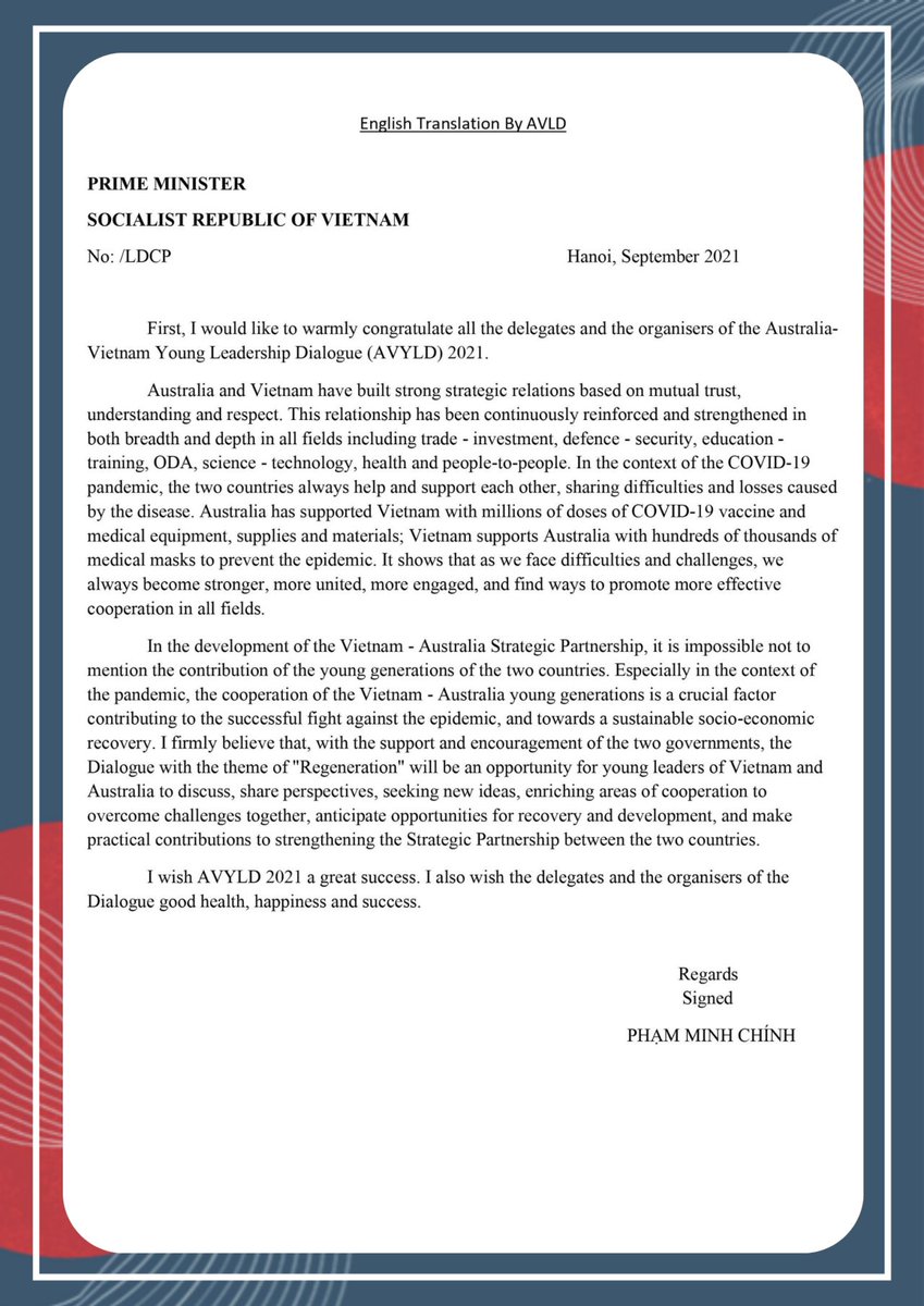 What a way to open #AVYLD2021 - messages from the Prime Minister's of 🇦🇺🇻🇳

It's an honour to have been selected as a delegate of @avld and thank you to the sponsors for making this possible australiavietnam.org/partners