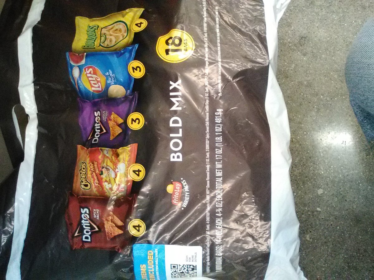 mndcats's tweet image. I saw this at the grocery store. So instead of 4,4,3,3,4 for a total of 18 bags of chips ; does that mean it could be 1,1,1,1,14? Or even 0.75, 0.25, 0.50, 0.50, 16?  What do you think ? Thank you!  :)