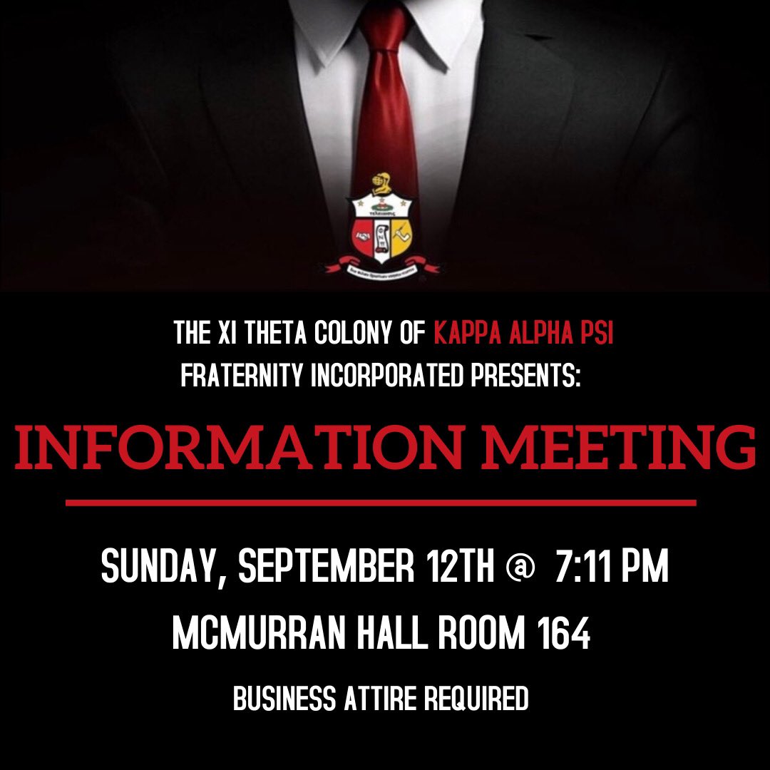 cnu_nupes's tweet photo. Men of CNU, are you interested in learning more about Kappa Alpha Psi Fraternity INC?  We will be having an official information meeting on Sunday, September 12th at 7:11PM in McMurran Hall 164. Business attire required for entry, see you there. 👌🏽♦️
#kappaalphapsi #cnu_nupes https://t.co/y2dOcOISew