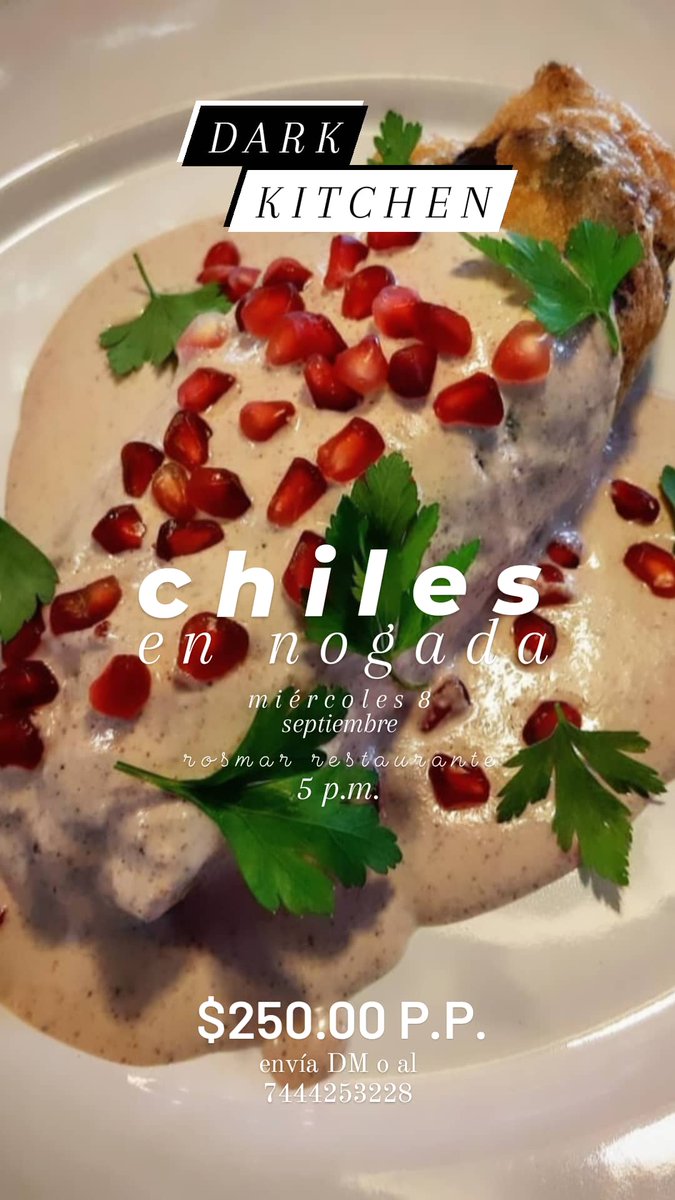 RosmarRestauran's tweet photo. Compartimos este miércoles 8 de Septiembre nuestros chiles en nogada. 
-crema de calabaza (entrada)
-sopa de arroz
-chile relleno de carne de cerdo y res &amp; sus frutas de temporada.
-perejil
-granada 
-crema de nogada con nuez de CASTILLA
#Acapulco 
🇲🇽 https://t.co/tI4eZKTUls